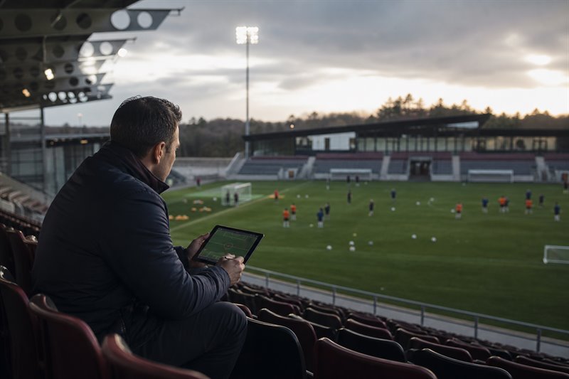 A scout reviewing a training session from the stadium stands
